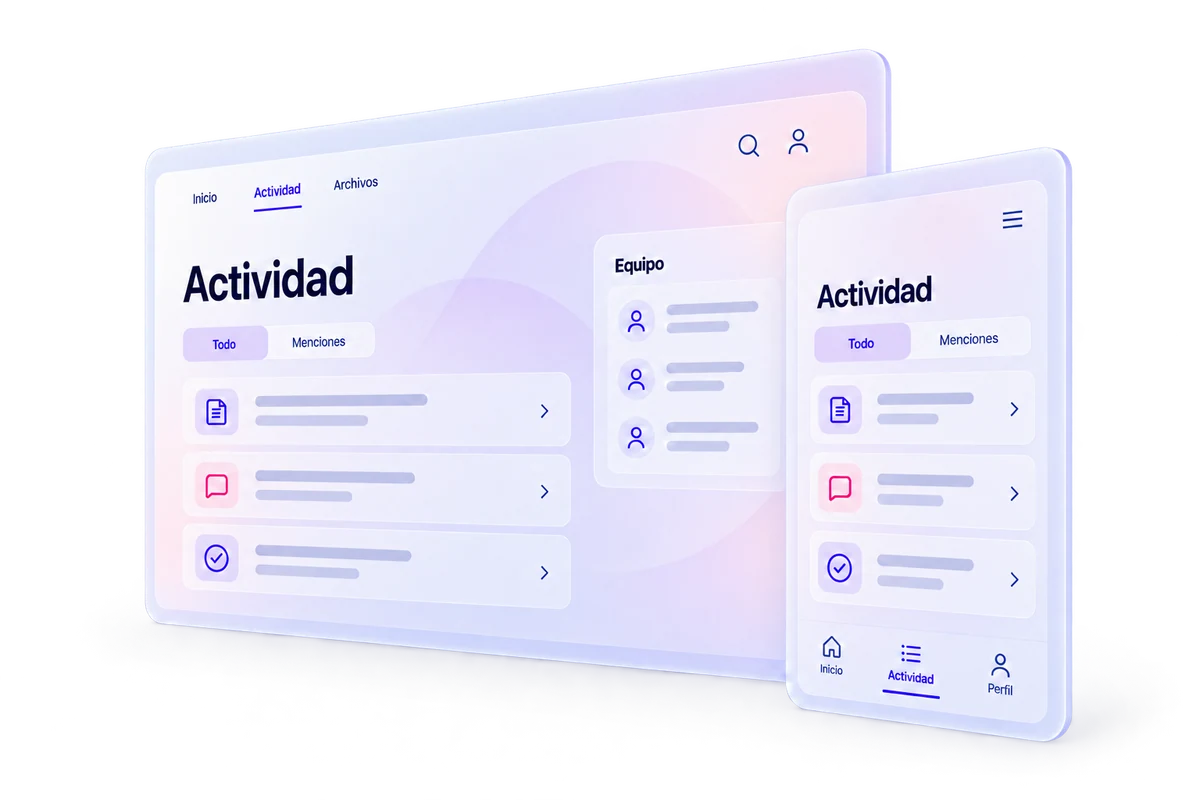 Interfaces de escritorio y móvil con la actividad y el equipo de un negocio